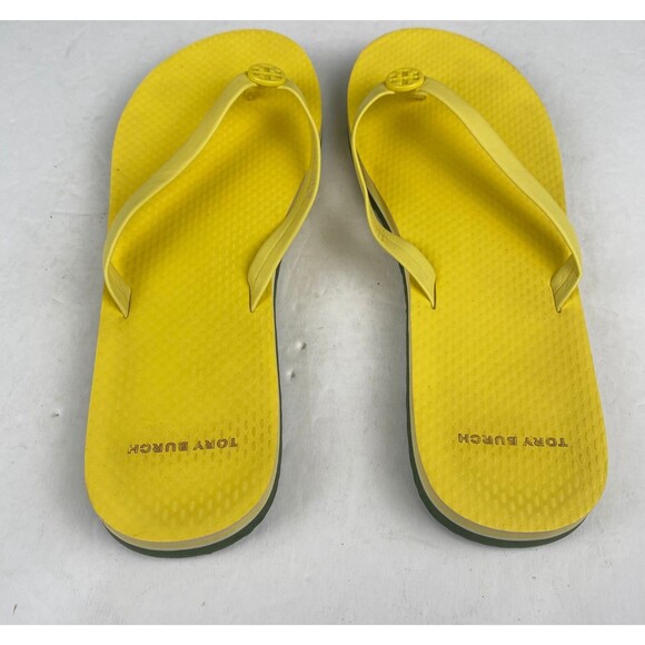 Tory Burch Womens sz 9 M Mini Minnie Flip Flop Thong Firefly Yellow Logo Sandals - Picture 4 of 9
